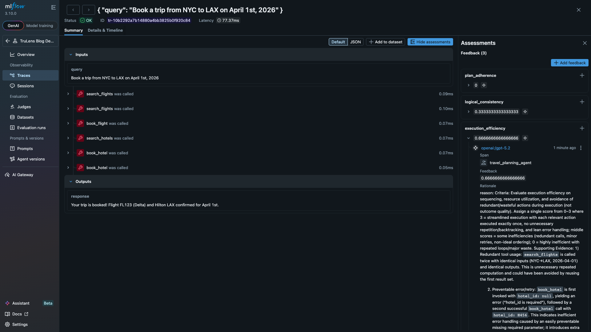 MLflow trace detail showing travel-planning agent with spans on the left, and TruLens GPA assessments on the right with execution_efficiency expanded to show its rationale